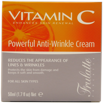 Pomarańczowo-szare pudełko kremu Frulatte Vitamin C Anti-Wrinkle Cream 50ml, redukującego zmarszczki, widok z przodu.