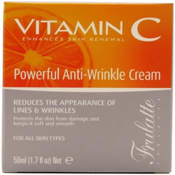 Pomarańczowo-szare pudełko kremu Frulatte Vitamin C Anti-Wrinkle Cream 50ml, redukującego zmarszczki, widok z przodu.