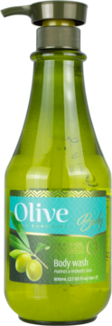 Zielony płyn do kąpieli "Olive Body wash" 800ml, z organiczną oliwą z oliwek, butelka z pompką, widok z przodu.