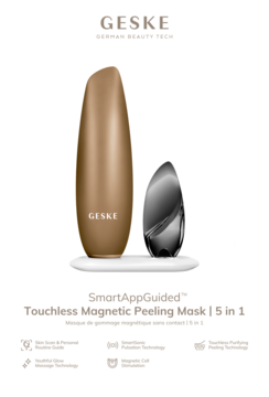 Geske SmartAppGuided Magnetic Peeling Mask 5w1: dwa futurystyczne urządzenia (brązowe, ciemnoszare) na białej podstawce.