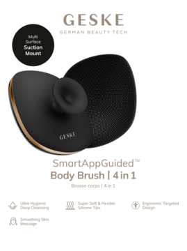 Geske SmartAppGuided Body Brush 4w1, czarna z złotym akcentem, silikonowe końcówki, przyssawka, widok z góry.