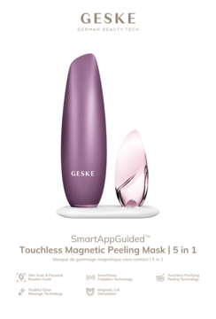 Geske SmartAppGuided magnetyczny bezdotykowy peeling 5w1: fioletowe i różowe urządzenia na białej podstawce.