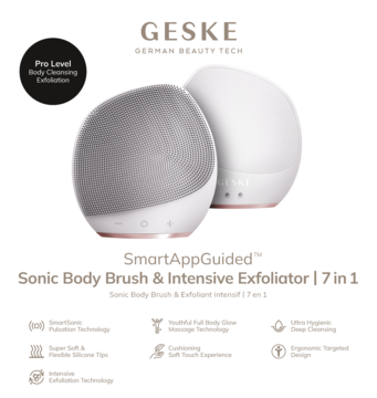 Geske SmartAppGuided Sonic Body Brush & Exfoliator 7w1, dwa urządzenia: szare i białe, widok z przodu.