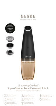 Geske Aqua-Stream Face Cleanser 8w1, czarne i bursztynowe urządzenie do oczyszczania twarzy, z 3 wymiennymi końcówkami.