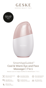 GESKE SmartAppGuided Cool & Warm Eye and Face Massager 7w1, biało-różowe, ergonomiczne szkło borokrzemianowe, przód.