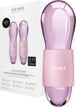 Różowy masażer Geske Duo Cool & Warm 7w1 poza pudełkiem, obok opakowania z dwoma innymi sztukami.