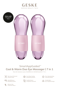 Dwa różowe masażery GESKE SmartAppGuided Cool & Warm Duo Eye Massager 7w1, szklane, na białym tle.