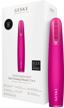 Fuksjowy masażer Geske Skin Firming Wand 7w1 z czerwonymi LED, oparty o białe pudełko, widok z przodu.