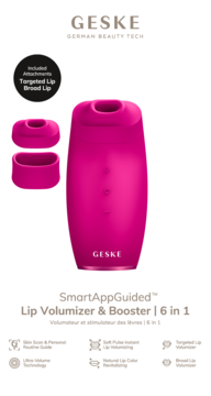 Fuksjowy GESKE SmartAppGuided Lip Volumizer & Booster 6w1 z dodatkowymi końcówkami na białym tle.