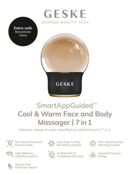 GESKE SmartAppGuided Cool & Warm 7w1 masażer twarzy i ciała z brązową, szklaną kopułą na białym tle.