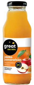 Sok Great 100% jabłko-pomarańcza, bezpośrednio tłoczony z witaminą C, w szklanej butelce, widok z przodu.