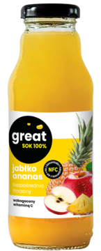 Sok Great 100% jabłko ananas w szklanej butelce, z przodu, NFC i witaminą C, z grafiką owoców.
