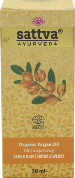 sattva AYURVEDA Organic Argan Oil 50ml w beŴowym kartonie z arganami, widok z przodu.