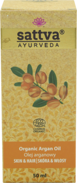 sattva AYURVEDA Organic Argan Oil 50ml w beŴowym kartonie z arganami, widok z przodu.