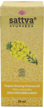Sattva Organic Evening Primrose Oil, 50ml. Brązowe opakowanie z żółtymi kwiatami i logo ECOCERT, widok z przodu.