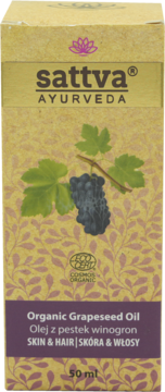 Z przodu brązowe opakowanie oleju Sattva Organic Grapeseed Oil 50ml, z winogronami i certyfikatem ECOCERT.