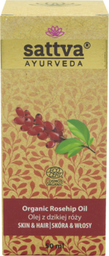 Sattva Organic Rosehip Oil w brązowym kartonie z czerwoną grafiką dzikiej róży i liści, widok z przodu.