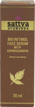Sattva Ayurveda Bio-Retinol Face Serum z Ashwagandhą w brązowym opakowaniu, widok z przodu, 30 ml.