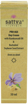 Beżowe pudełko kremu na dzień sattva Ayurveda PRO-AGE 50ml z kumkumadi, bachukiolem, soją, kwiatem szafranu.