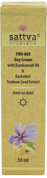 Beżowe pudełko kremu na dzień sattva Ayurveda PRO-AGE 50ml z kumkumadi, bachukiolem, soją, kwiatem szafranu.