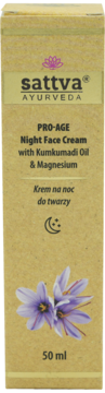 Krem na noc sattva AYURVEDA PRO-AGE z Kumkumadi Oil i Magnezem, 50 ml, w brązowym kartonie, front, fioletowy szafran.