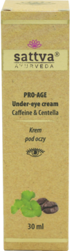 Sattva Ayurveda PRO-AGE Under-eye cream Caffeine & Centella, 30ml, beżowy kartonik z grafiką ziaren kawy i liści, widok z przodu.