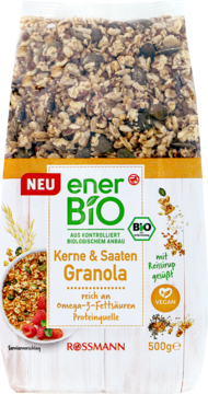 Frontal view of enerBiO Kerne & Saaten Granola, 500g organic vegan bag, rich in Omega-3, sweetened with rice syrup.