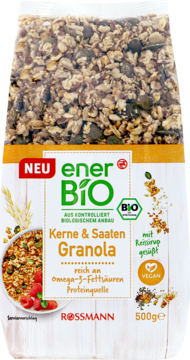 Frontal view of enerBiO Kerne & Saaten Granola, 500g organic vegan bag, rich in Omega-3, sweetened with rice syrup.