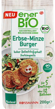 Biała torebka enerBIO Erbse-Minze Burger mix. Zielona etykieta, grafika burgerów z groszkiem. Wegański, 200g, widok z przodu.