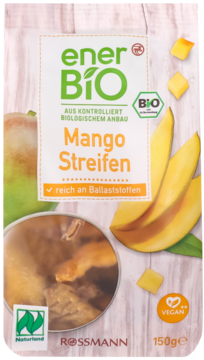 Biała torebka enerBIO Mango Streifen, 150g, z owocami mango na grafice, widok z przodu. Produkt BIO i VEGAN.