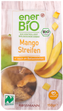 Biała torebka enerBIO Mango Streifen, 150g, z owocami mango na grafice, widok z przodu. Produkt BIO i VEGAN.