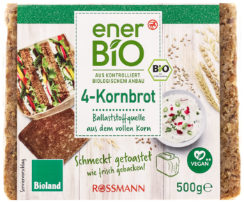 enerBIO 4-Kornbrot, chleb 4 ziarna 500g. Zielone opakowanie z grafiką tostów, tekstem "VEGAN" i zbożem, widok z przodu.