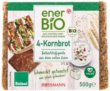 enerBIO 4-Kornbrot, chleb 4 ziarna 500g. Zielone opakowanie z grafiką tostów, tekstem "VEGAN" i zbożem, widok z przodu.