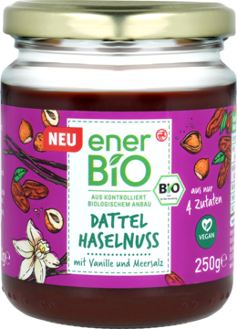 Wegański krem EnerBiO Dattel Haselnuss (daktyl-orzech) z wanilią, solą, BIO, 250g, słoik, widok z przodu.