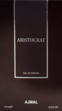 Czarne, prostokątne opakowanie wody perfumowanej Ajmal Aristocrat 75 ml dla mężczyzn, widok z przodu, z białymi napisami.