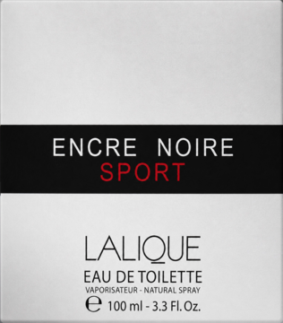Pudełko perfum Lalique Encre Noire Sport 100 ml, białe z czarnym pasem, widok z przodu, czerwony napis SPORT.