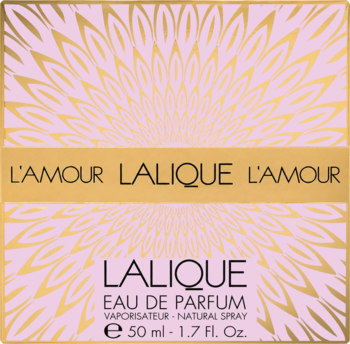 Lalique L'Amour woda perfumowana 50ml, różowo-złote pudełko z dekoracyjnym wzorem, widok z przodu.