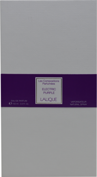 Pudełko perfum Lalique Les Compositions Parfumées Electric Purple, z fioletową wstęgą na białym tle, widok z przodu.