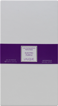 Pudełko perfum Lalique Les Compositions Parfumées Electric Purple EDP 100 ml, białe z fioletową opaską, widok z przodu.