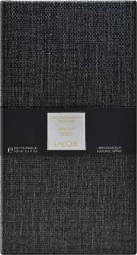 Lalique Woody Gold EDP, ciemnoszare pudełko z tkaninową teksturą i białą etykietą, widok z przodu.