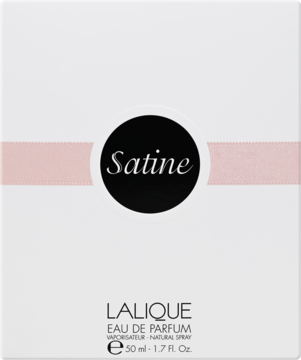 Białe opakowanie Lalique Satine Eau de Parfum z różowym pasem i czarnym kołem z napisem Satine, widok z przodu.