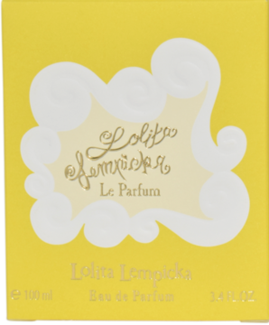 Żółte pudełko Lolita Lempicka Le Parfum Eau de Parfum, z białym obramowaniem i złotym napisem, widok z przodu.