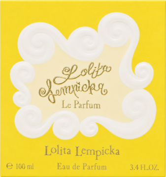 Żółte pudełko perfum Lolita Lempicka Le Parfum 100ml EDP, z kremową ramką w kształcie chmurki i złotym napisem.