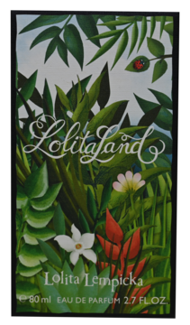 LolitaLand woda perfumowana w kartoniku z tropikalnym wzorem, zielone liście, kwiaty, ladybug. Front opakowania.
