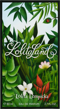 Lolitaland Lolita Lempicka Eau de Parfum, opakowanie z ilustracją bujnej dżungli, kwiatami i biedronką, widok z przodu.