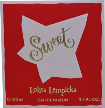 Czerwone opakowanie perfum Lolita Lempicka Sweet z białym wzorem w kształcie gwiazdy, widok z przodu.