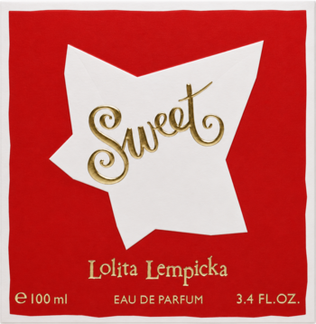 Lolita Lempicka Sweet EDP, czerwone pudełko z białym gwiazdowym logo i złotym napisem 'Sweet' na środku.