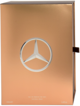 Metaliczne, miedziano-złote pudełko wody perfumowanej Mercedes-Benz Man Private dla mężczyzn z dużym srebrnym logo.