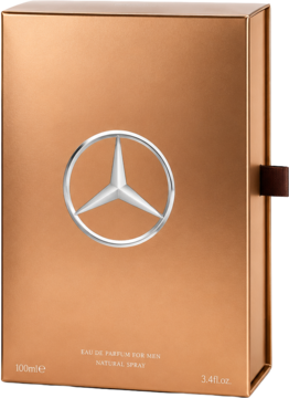 Mercedes-Benz Man Private woda perfumowana, miedziane opakowanie z lśniącym logo, widok z przodu i z boku.
