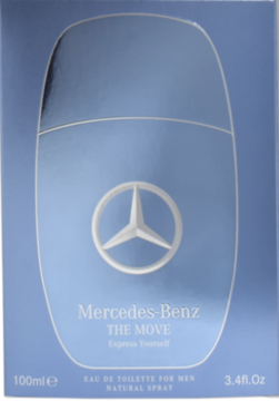 Niebieskie pudełko perfum Mercedes-Benz THE MOVE dla mężczyzn, ze srebrnym logo gwiazdy, widok z przodu.